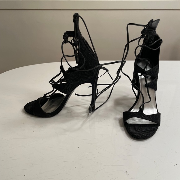 Stuart Weitzman black leather wrap suede strappy sandals - 4.5 inch heels - Picture 13 of 14